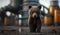 bear stands watching a petrochemical refinery at sunrise. Generative AI