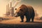 bear stands watching a petrochemical refinery at sunrise. Generative AI