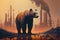 bear stands watching a petrochemical refinery at sunrise. Generative AI