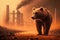 bear stands watching a petrochemical refinery at sunrise. Generative AI