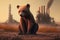 bear stands watching a petrochemical refinery at sunrise. Generative AI