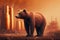 bear stands watching a petrochemical refinery at sunrise. Generative AI