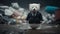 A bear in a suit holding a garbage bag stands among piles of plastic waste looking for food and shelter. Generative AI