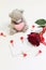 Bear, valentine and rose on a white background