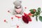 Bear, valentine and rose on a white background