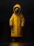 Bear wearing a yellow raincoat and standing in pouring rain, black background, AI generated