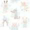 Bear, wolf, reindeer, hare, fox, penguin baby winter seamless pattern. Cute animal Christmas background.