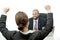 Beard business man brunette woman at desk happy