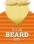 Beard Day poster design with man`s blonde beard, orange clothes and text. Facial hair international celebration. - Vector