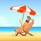 Beard man sitting on a sunbed on the beach. Happy smiling male relaxing on a chaise-longue and drink cocktail. Vector cartoon illu