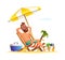 Beard man sitting on a sunbed. Happy smiling male relaxing on a chaise-longue. Vector cartoon concept