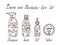 Beard and mustaches care set, shampoo, tonic, oil and wax with inscription, hand drawn doodle sketch, isolated illustration
