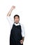 Bearded asian men waiter, chef dressed in black apron feeling serious raising fist up in white background.The concept of protest,