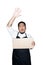 Bearded asian men waiter, chef dressed in black apron is holding cardboard with open hand doing stop sign in white background.The