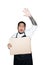 Bearded asian men waiter, chef dressed in black apron is holding cardboard with open hand doing stop sign in white background.The