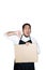 Bearded asian men waiter, chef dressed in black apron is holding cardboard and showing thumbs down in white background.The concept