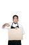Bearded asian men waiter, chef dressed in black apron is holding cardboard in white background.The concept of protest, attention,