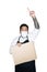 Bearded asian men waiter, chef dressed in black apron with medical mask is holding cardboard and showing point finger in white