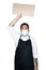 Bearded asian men waiter, chef dressed in black apron with medical mask is holding cardboard in white background.The concept of