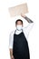 Bearded asian men waiter, chef dressed in black apron with medical mask is holding cardboard in white background.The concept of