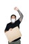 Bearded asian men worker dressed in black tees with medical mask is feeling serious raising fist up in white background.The