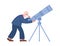 Bearded astronomer looking through telescope flat vector illustration isolated.