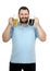 Bearded bartender raising two mugs of beer