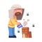 Bearded Beekeeper with Smoker Keeping Honey Bee Engaged in Apiculture Vector Illustration