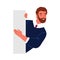 Bearded business male peeping from behind wall vector flat illustration. Funny curious man searching something isolated