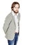 bearded business man with suspicious emotion. human emotion expression and lifestyle concept. image on a white studio background.