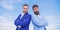 Bearded business people posing confidently. Business men stand blue sky background. Perfect in every detail. Well