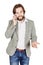 Bearded businessman talking on cell phone. human emotion expres