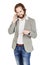Bearded businessman talking on cell phone. human emotion expres