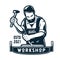 Bearded carpenter with saw chisel. Carpentry logo