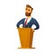 Bearded charismatic male speaker stands behind the podium and speaks. Cartoon flat character designe.