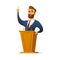 Bearded charismatic male speaker stands behind the podium and speaks. Cartoon flat character designe.