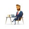 Bearded cheerful businessman sits and works at his workplace. Manager working on a laptop