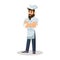 Bearded chef in cook cap. Cheerful waiter. Food server in uniform. Vector cartoon illustration