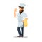 Bearded chef in cook cap keeping towel and showing ok sign.