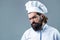 Bearded chef, cooks or baker. Bearded male chefs isolated. Cook hat. Confident bearded male chef in white uniform