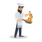 Bearded chef holding frying pan with vegetables in flame in one hand and bottle in other hand.