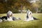 Bearded collies and puppy of poodle are lying in the grass.