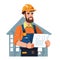 Bearded construction worker presents plan, smiling contractor displays blueprint, happy builder