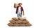 Bearded farmer carrying a sack on his shoulder and posing behind a pile of sacks