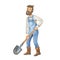 Bearded farmer in overalls with a shovel. Watercolor isolated illustration. Male gardener.