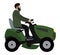 A bearded farmer rides a green lawn mower tractor. Flat vector illustration isolated on white