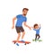 Bearded father and his little son riding on skateboard. Fatherhood concept. Dad and child having fun together. Outdoor