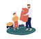 Bearded father hold big gift box for cute son vector flat illustration. Male parent give holiday present to joyful kid