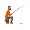 Bearded Fisherman Character Sitting on Shore with Fishing Rod Vector Illustration