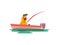 Bearded Fisherman Sitting in Boat with Fishing Rod, Fishman Character Wearing Raincoat Vector Illustration